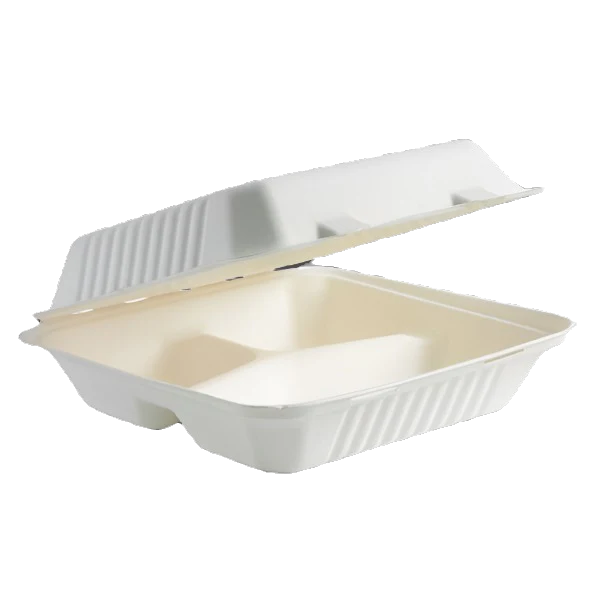 9" 3 compartment sugarcane takeaway clamshell container Dinner sized