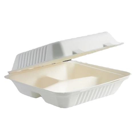 9" 3 compartment sugarcane takeaway clamshell container Dinner sized