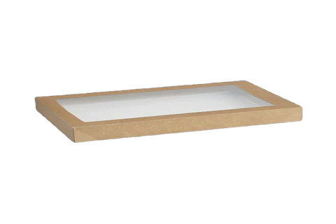 large brown kraft rectangle catering tray lid with window