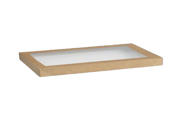 large brown kraft rectangle catering tray lid with window