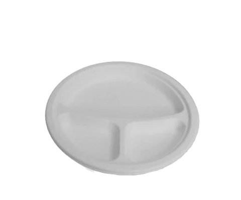 9" 3 Compartment Sugarcane Round Plate (500pcs/ctn)