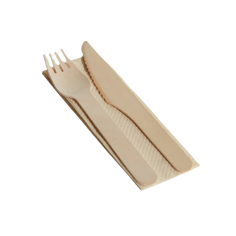 Disposable Wooden Cutlery Set - Fork, Knife & Napkin (500pcs/ctn)