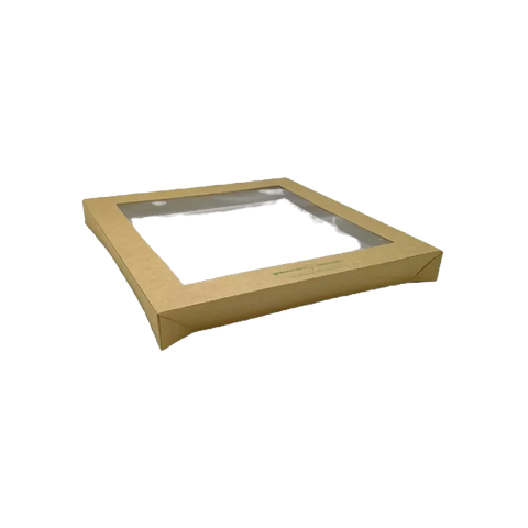 Square Corrugated Kraft Catering Tray Lid With PLA Window – Medium (100pcs/ctn)