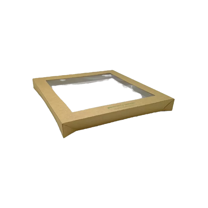 Square Corrugated Kraft Catering Tray Lid With PLA Window – Medium (100pcs/ctn)
