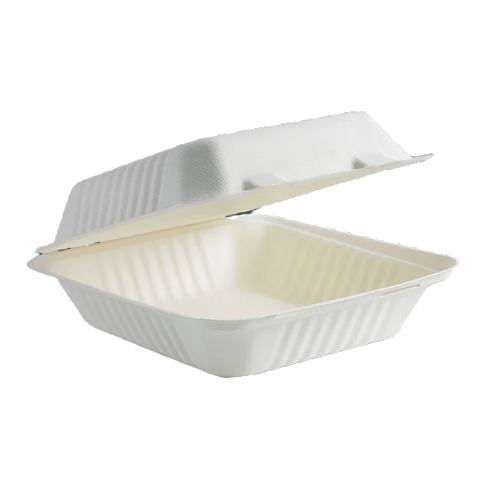 8" sugarcane takeaway clamshell container in dinner size