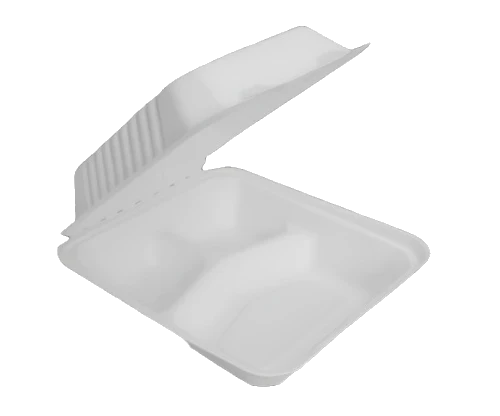 8" 3 Compartment Sugarcane takeaway clamshell container Dinner white